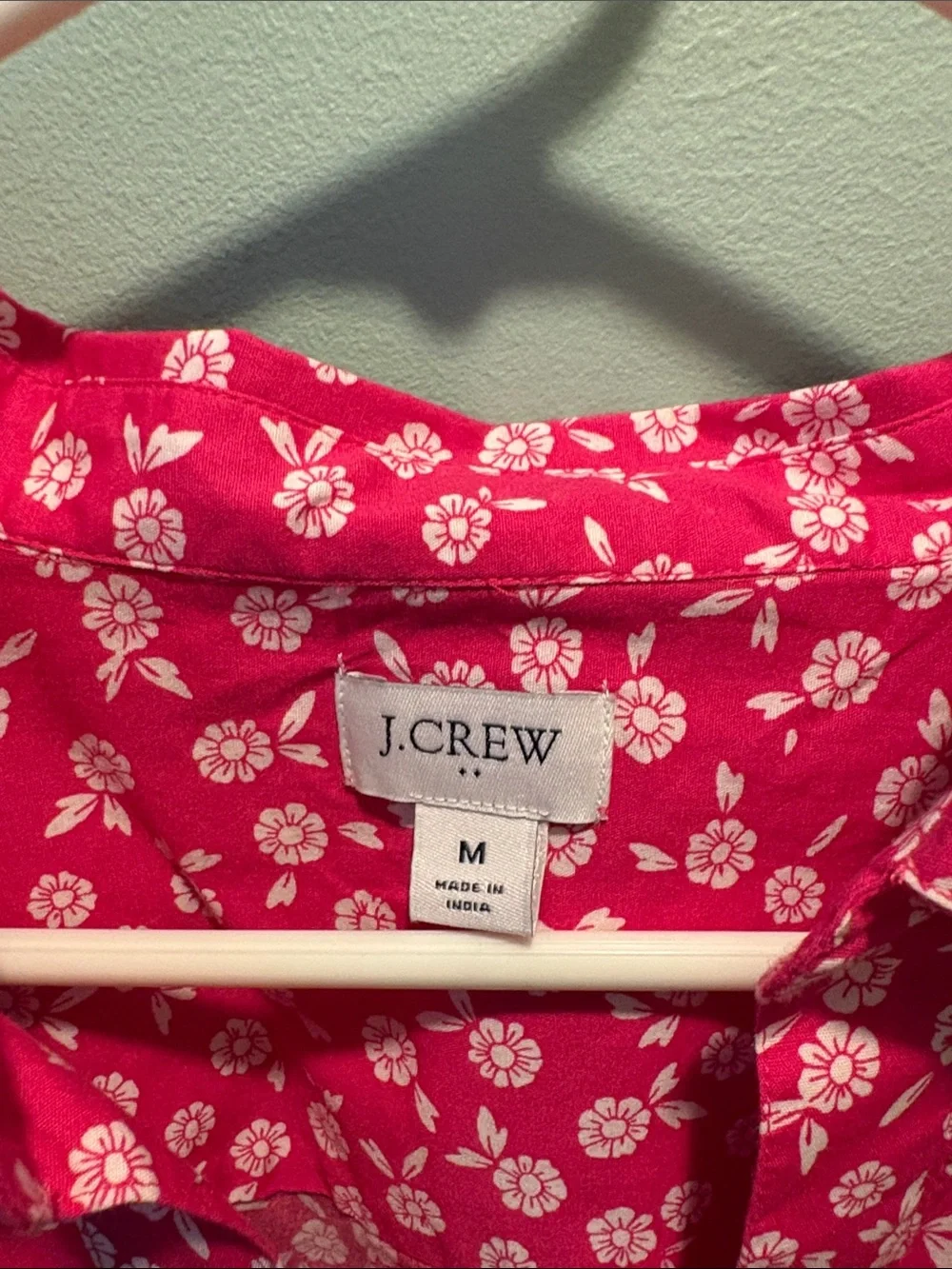 J. Crew Bright Pink Short-Sleeve Button Down with White Floral Print